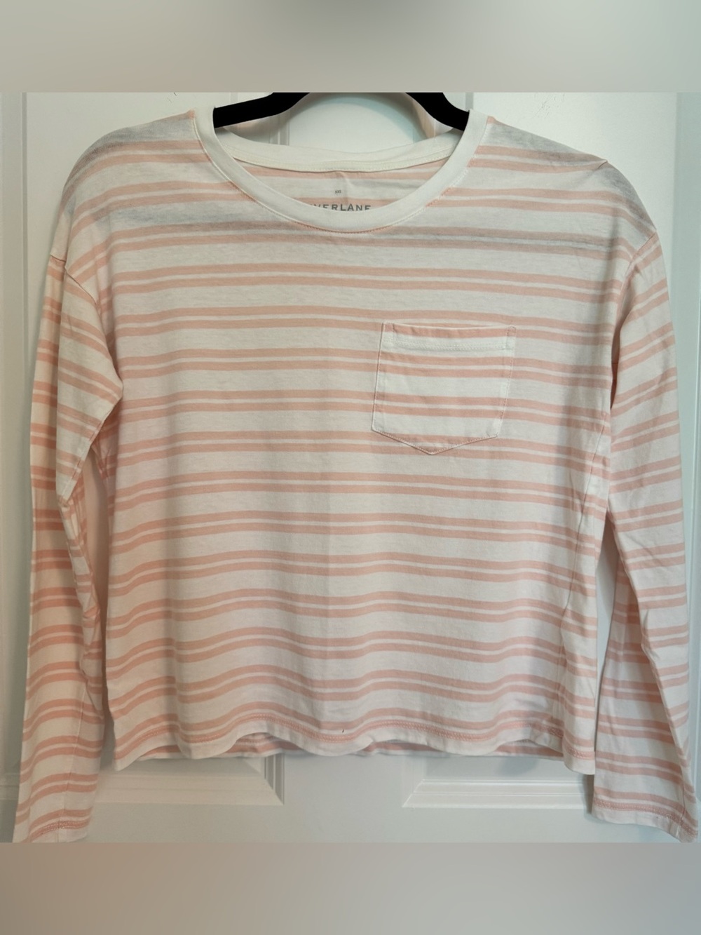 Everlane Women’s XXS Pink White Striped Pocket Long Sleeve Tee Shirt